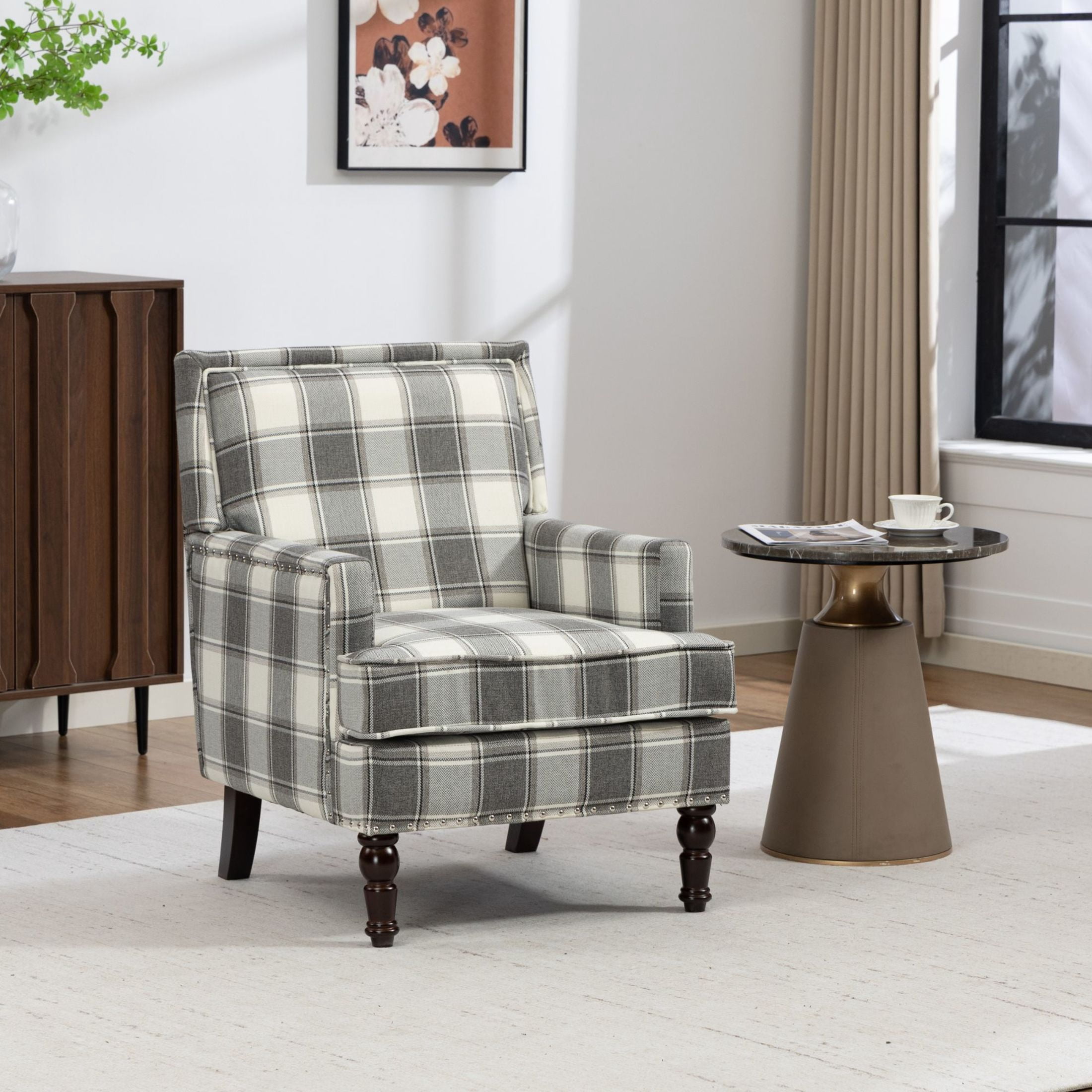 GDF Studio Zerra Vintage Upholstered Armchair with Solid Wood Legs & Nailhead Trim, Classic Stripes Accent Chair, Grey