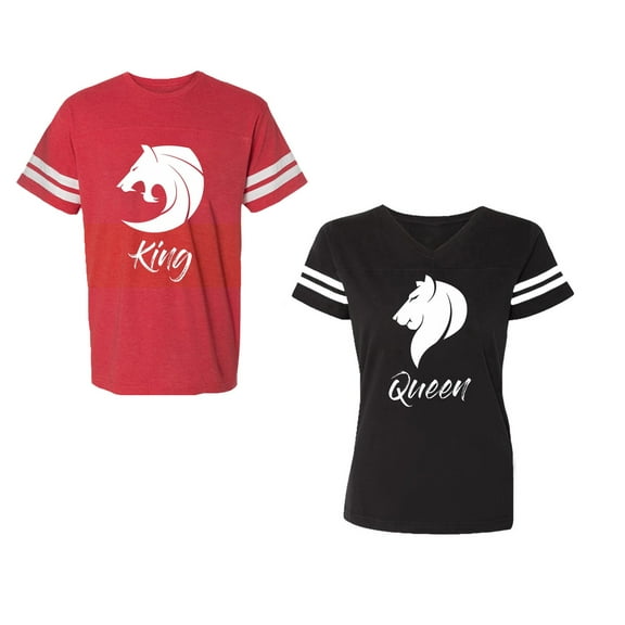 Tiger King Queen Unisex Couple Matching Cotton Jersey style T-Shirt Contrasting stripes on sleeves (Men Red / Women Black) (Men S / Women S)