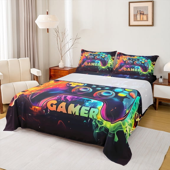 Homewish 3-Piece Twin Sheet Set, Gradient Gamepads, Video Game Microfiber Bedding
