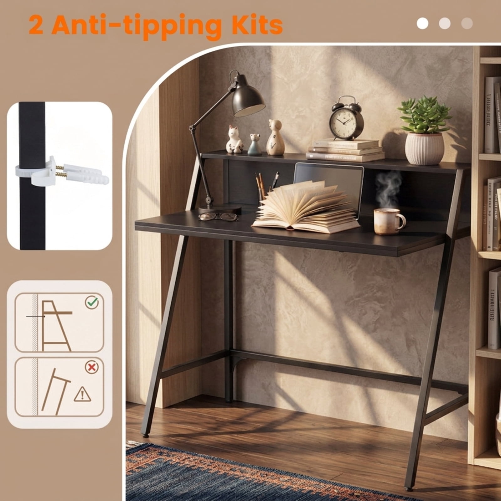 Furnibear 31.5" Industrial Computer Desk with Raised Shelf, Small Writing Desk with Metal Frame for Home Office Bedroom Study Small Spaces, Black