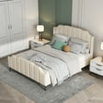 thumbnail image 3 of Cama tapizada 140 x 200 cm Estructura de cama con cabecero, pie de cama y somier Cama doble tapizada en terciopelo beige Cama juvenil Cama de invitados esquí esquí Gafas de esquí, 3 of 5