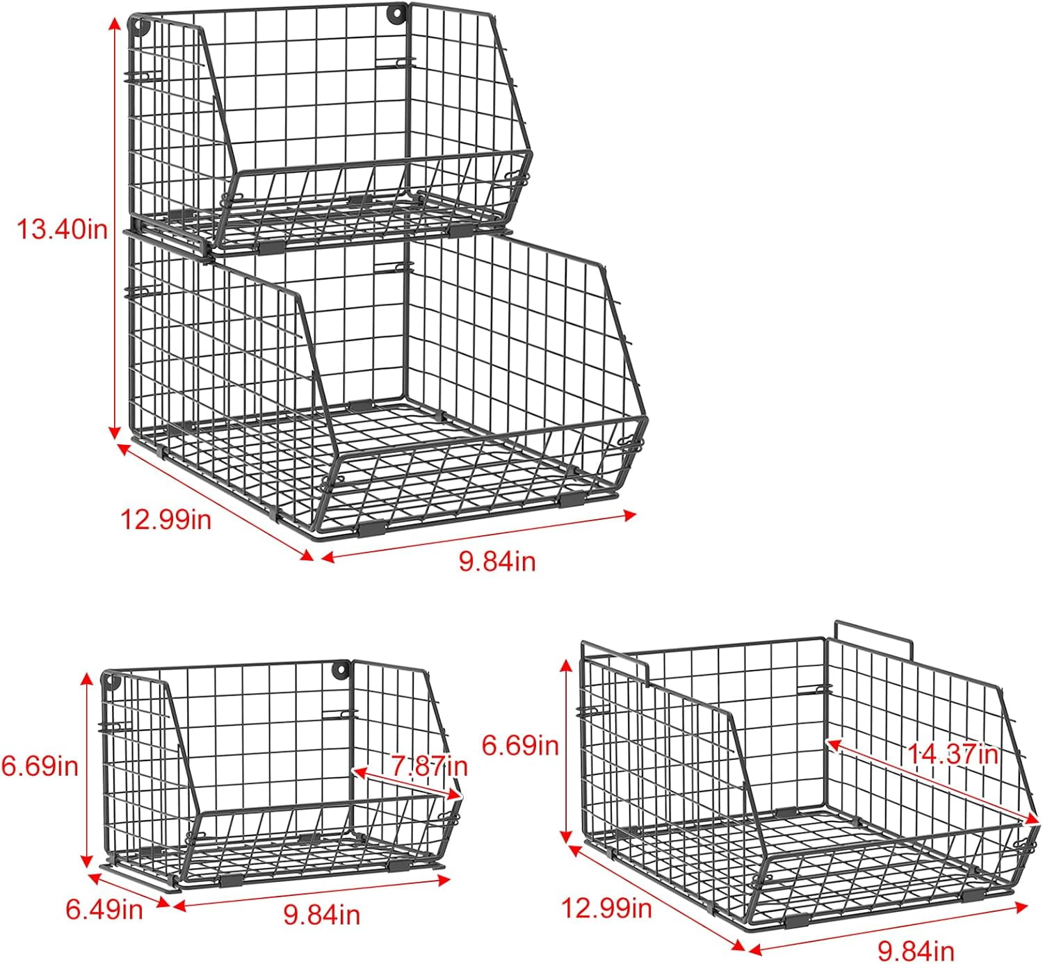 XCOSRACK 2-Tier Stackable Fruit Basket for Kitchen Counter, Metal Wire Produce & Snack Storage Bin, Freestanding Potato and Onion Pantry Organizer, Black