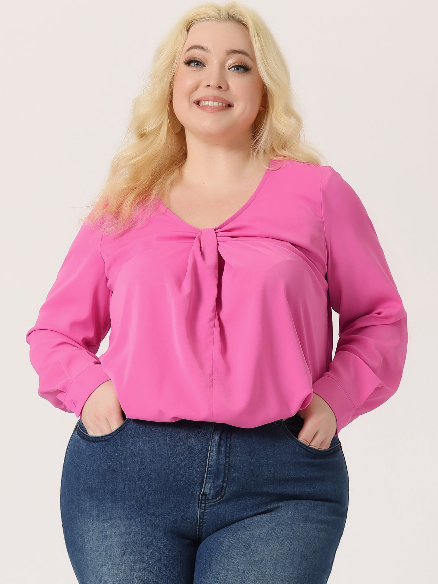 Unique Bargains Women's Plus Size V Neck Loose Long Sleeve Twist Knot Top 1X Hot Pink