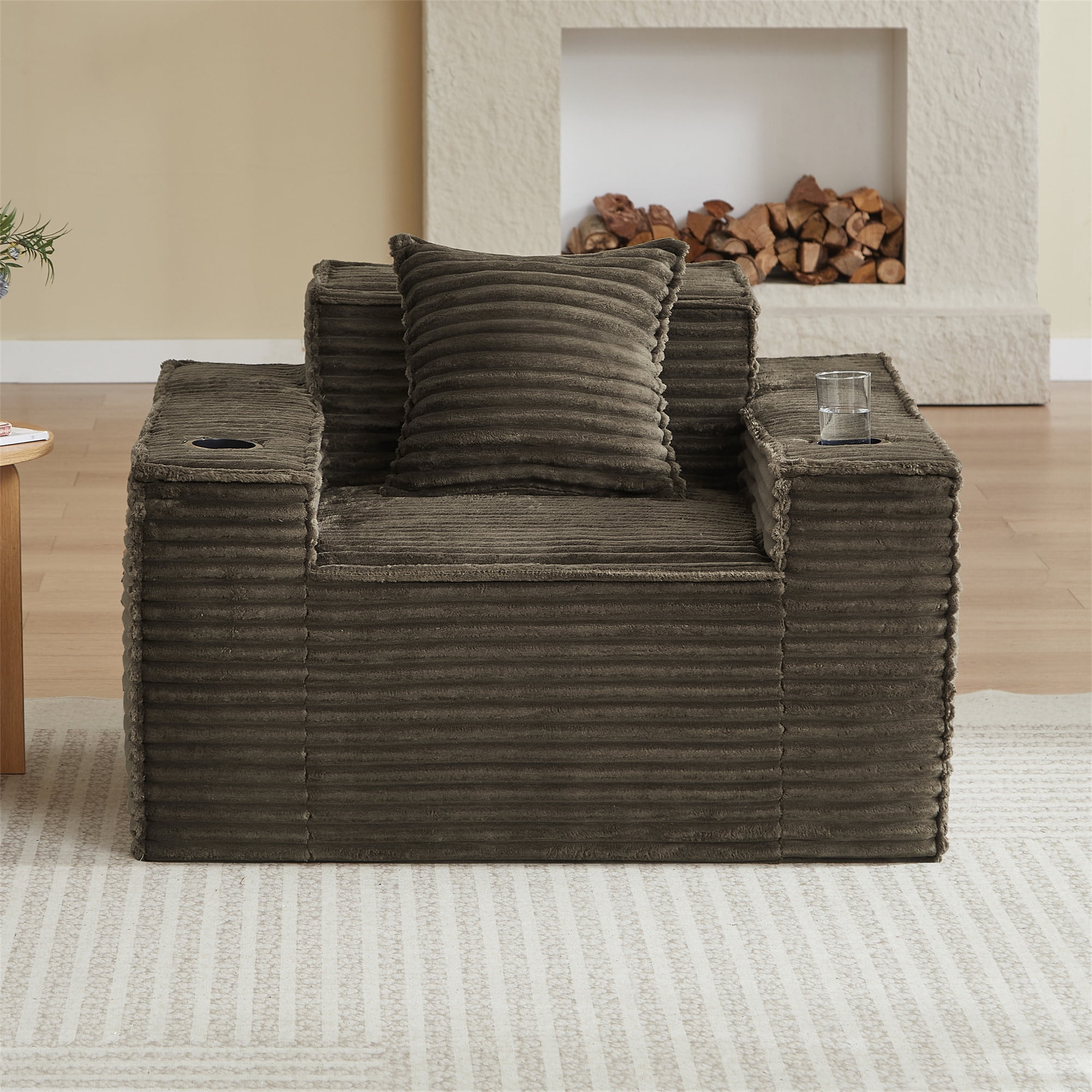 Aukfa 3 Piece Boneless Couch Set, Cloud Sofa Armchair w/ 2 Cup Holders&Storage Pockets for Living Room, Corduroy, Brown