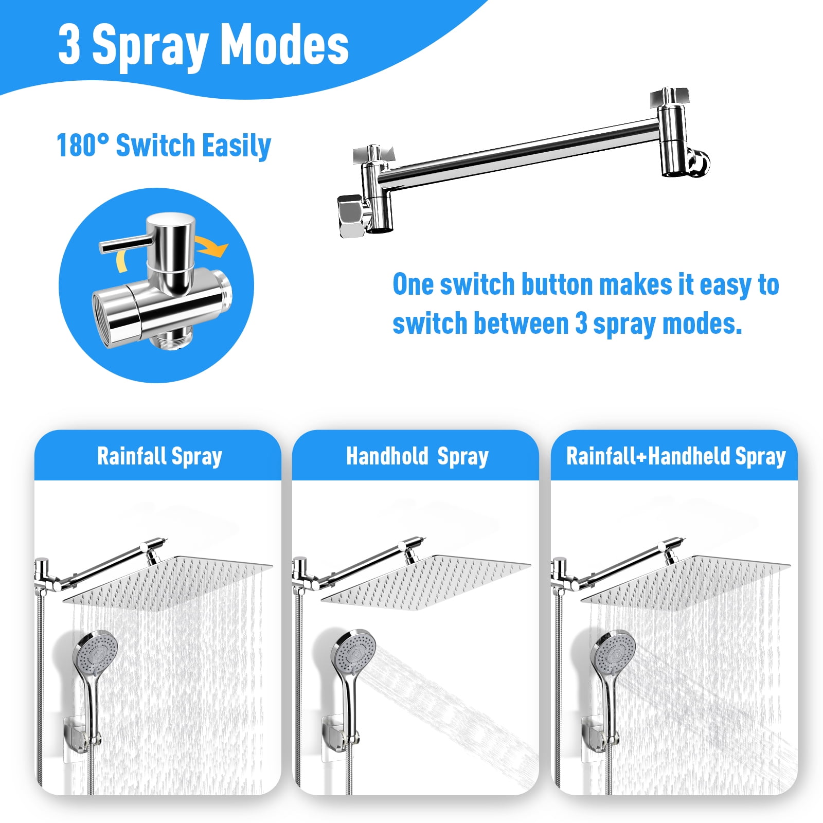 "Amobro 12\"" Magnetic Dual Shower Head, High Pressure Rainfall, Anti-Leak, Adjustable, Chrome, Matte Silver"