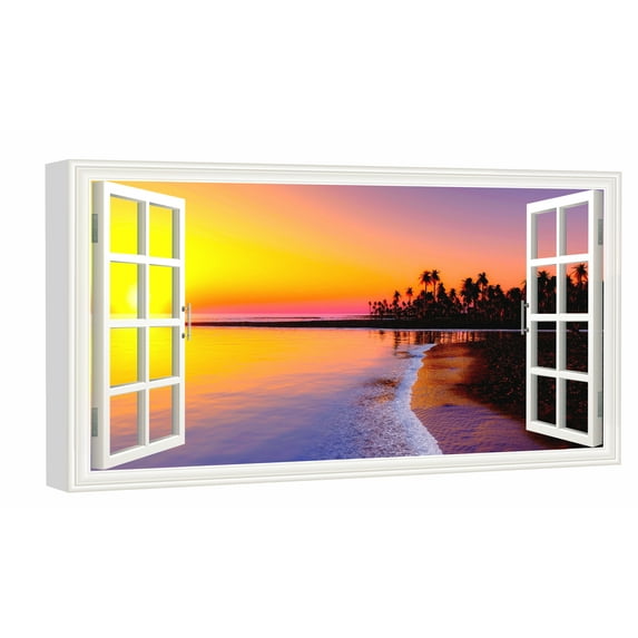 Window View of Beach Sunset Canvs Art Fake Open Window Wall Art Beach Sunset Framed Painting For Livingroom Office Bedroom Ready to Hang