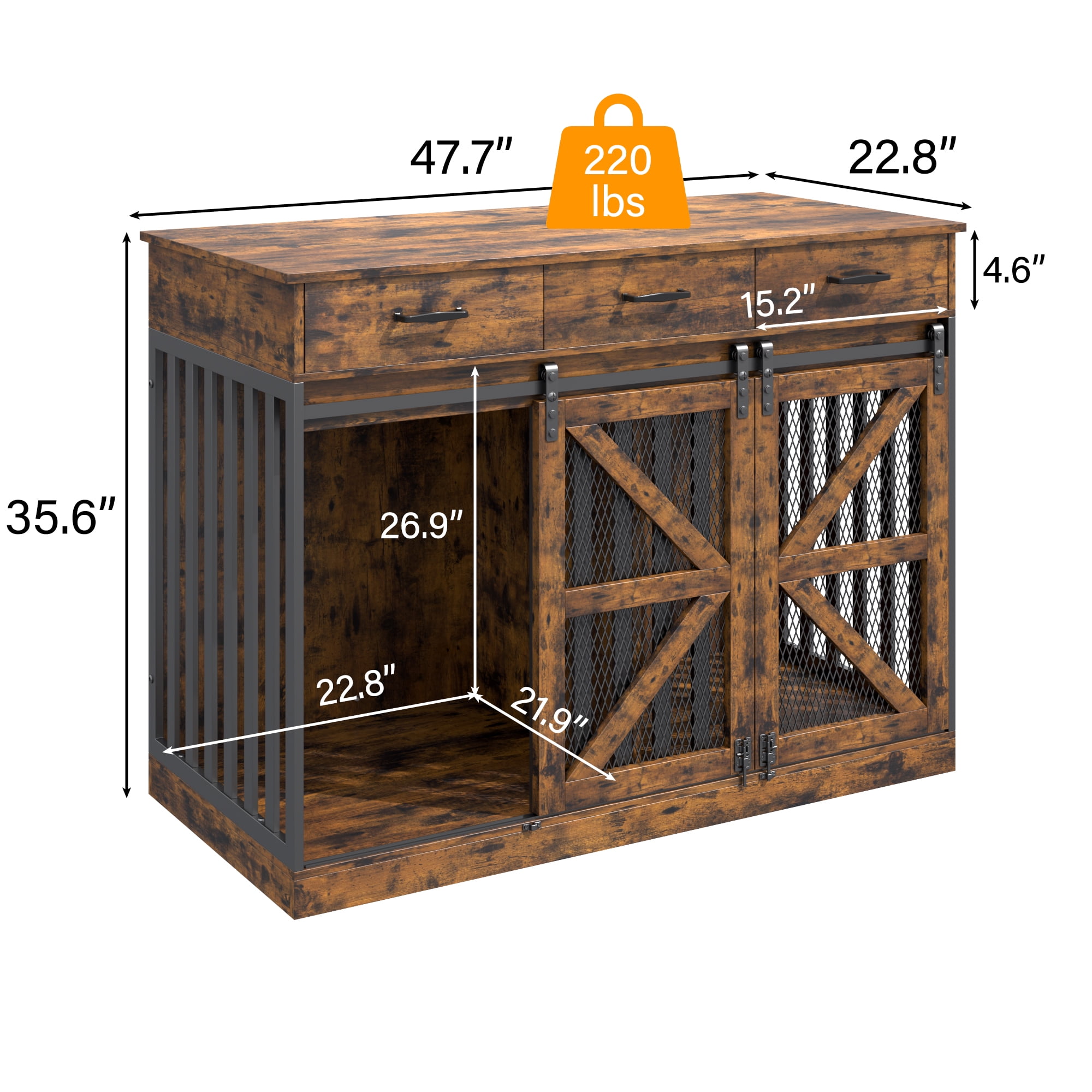 Casendy Dog Crate Furniture with Adjustable Divider for 2 Dogs, Heavy Duty Dog Kennels with 3 Drawers and Sliding Doors, Media Console Dog Cage for Living Room, Brown
