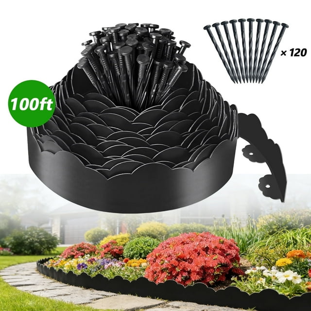 Kidsjoy 100ft Flexible Black Plastic No-Dig Edging Kit with 120 Spikes - Create Clean Lawn Borders for Flower Beds & Pathways