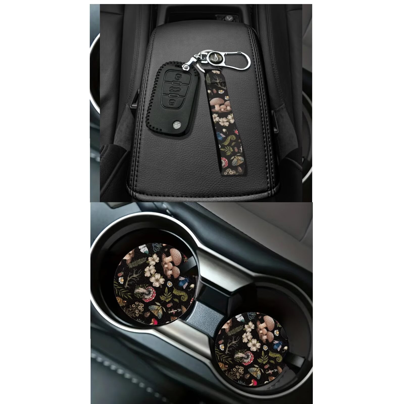 Uorisanigo Aesthetic Mushroom 15 PCS Car Seat Cover Full Set, Universal Front and Back Seat Covers Steering Wheel Cover Seat Belt Strap Pads Coaster Trash Bin Air Vent Pouch Keychain Rearview Cover