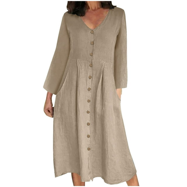 cfhntfmh Robes Décontractées pour Femmes Coton Lin Amples Col en V Boutons Chemises Robe Automne Ample Manches Longues Grande Taille Robe