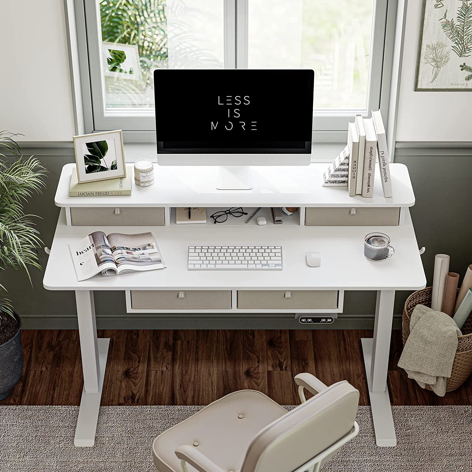 FEZIBO 48 x 24 Inch Height Adjustable Electric Standing Desk with 4 Drawers, Stand Up Table with Storage Shelf, Sit Stand Desk with Splice Board, White Frame/White Top