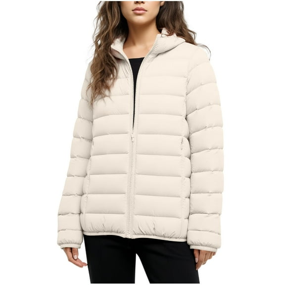 Uaswgudfs Women's Lightweight Down Jacket Short Hooded Slim Plus Size Puffer Coat Long Sleeve Winter Outerwear Beige L