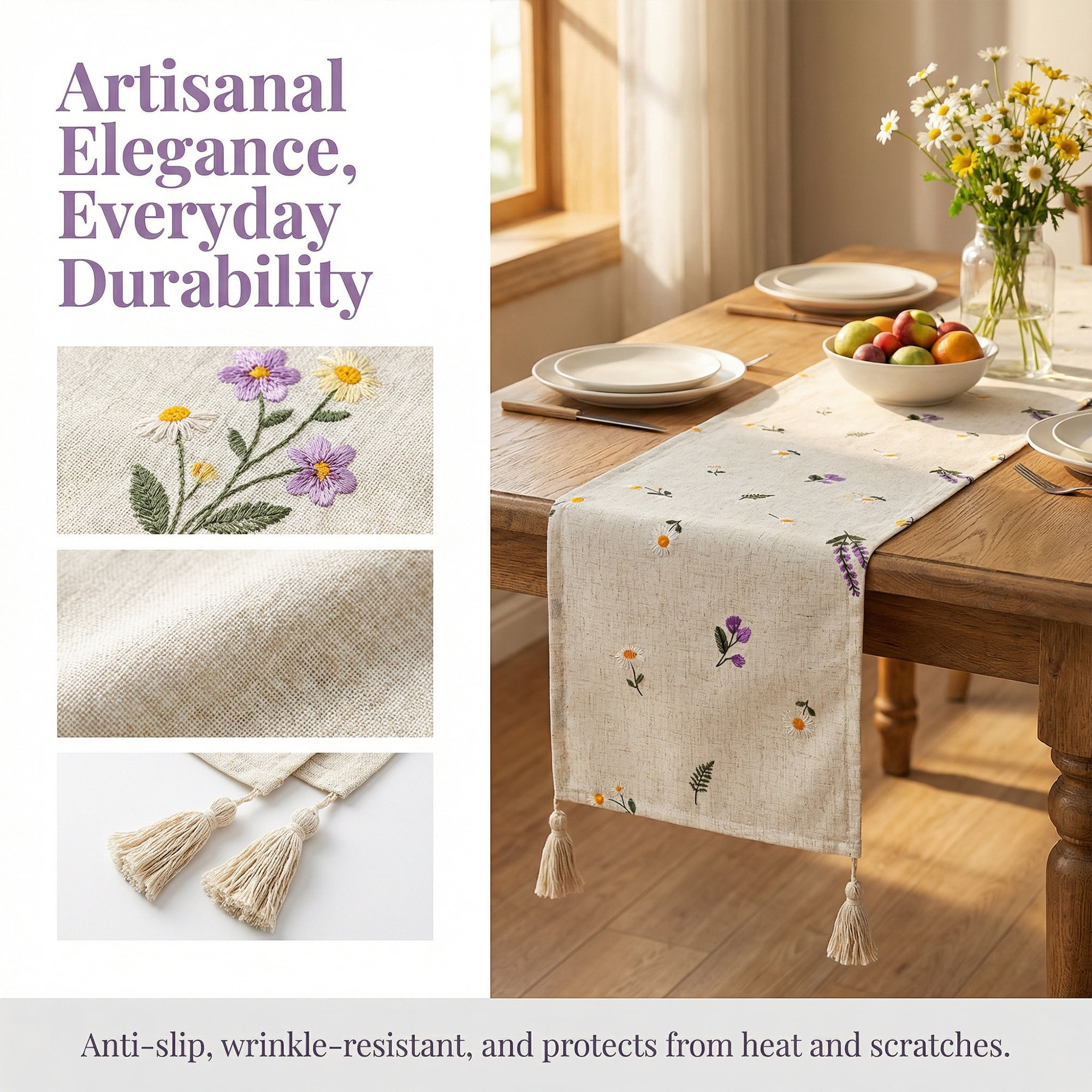 Unique Bargains Table Runner for Kitchen Decor with Tassel Lavender 11.8x78.7in