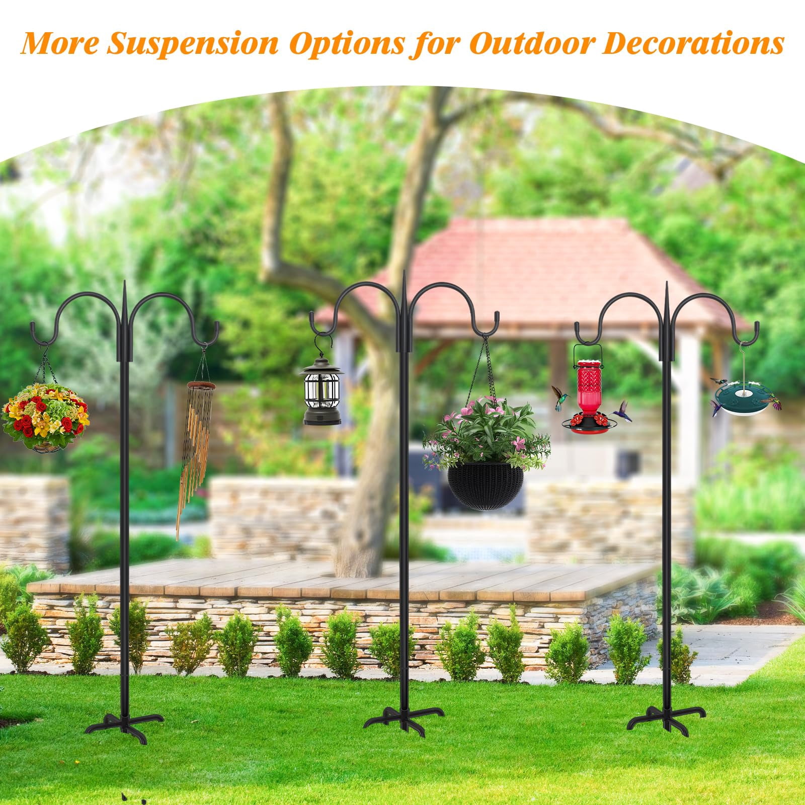 Adjustable Double Shepherds Hook For Outdoor With 5 Prong Base 63 Inch Heavy Duty Two Sided Bird Feeder Pole Hanging Plant Baskets  Solar Light Lanterns Wind Chimes 2 Pack