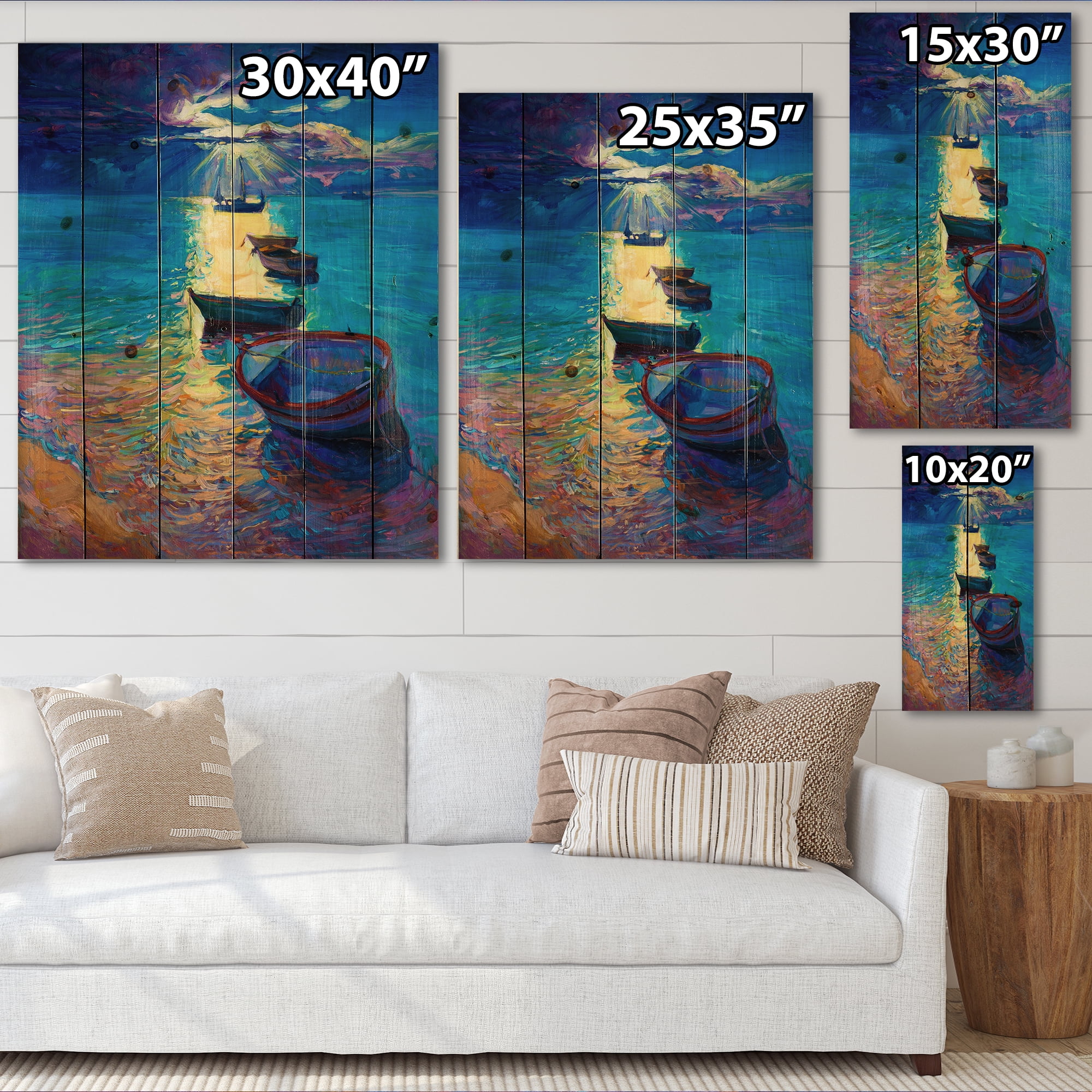 Designart 'Fishing Boats On The Water With Dark Blue Sky Illustration' Lake House Print on Natural Pine Wood