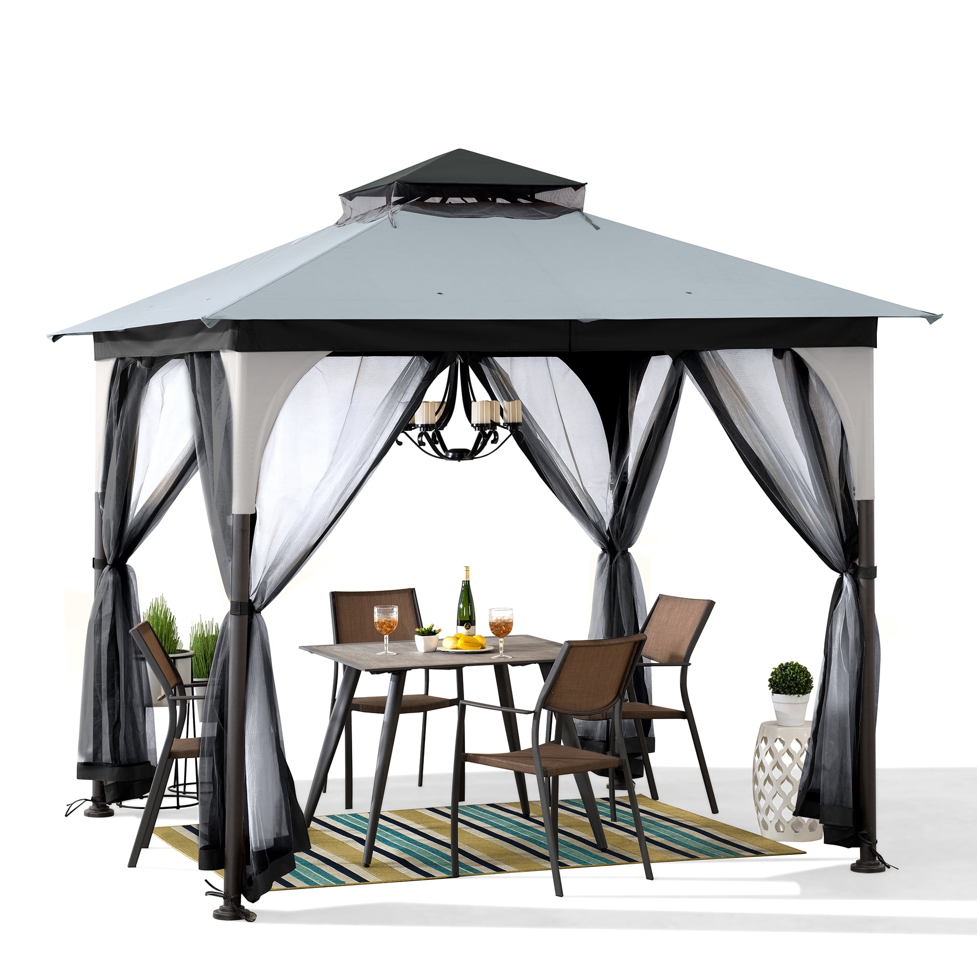 Sunjoy 9 ft. x 9 ft. Light Gray and Black Steel Soft Top Gazebo Mosquito Nettings and Privacy Screens, Double Roof Outdoor Screened Gazebos Shelter, Gazebo Canopies for Backyard