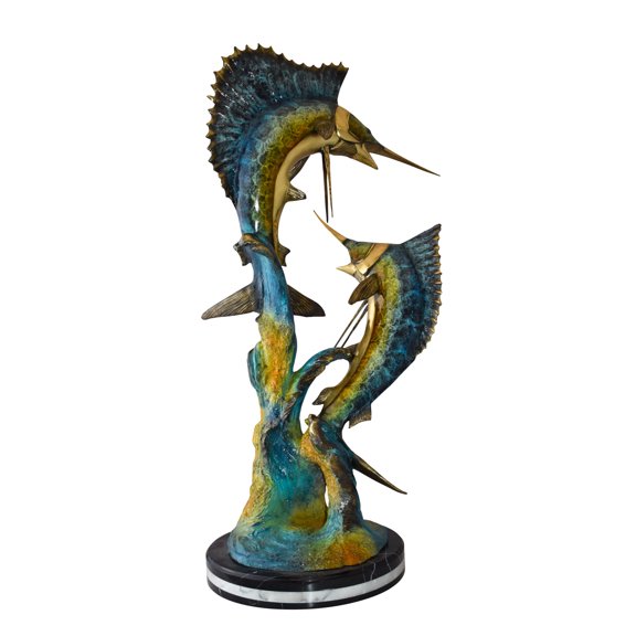Nifao Set Of Intertwined Sailfish and Marlin Colored Bronze Statue – Home Decor Sculpture, 27"L x 20"W x 47"H