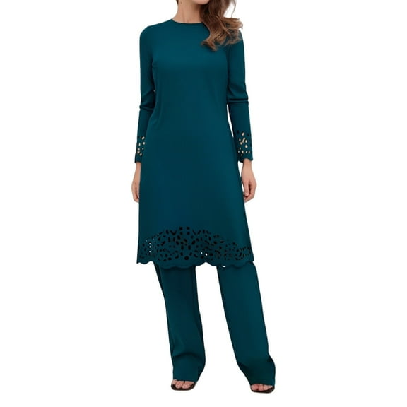 GILIGEGE Two Piece Sets for Women Women's Muslim Robe Set Burning Flower Two Set Round Neck Loose Temperament Prayer Clothes Green L