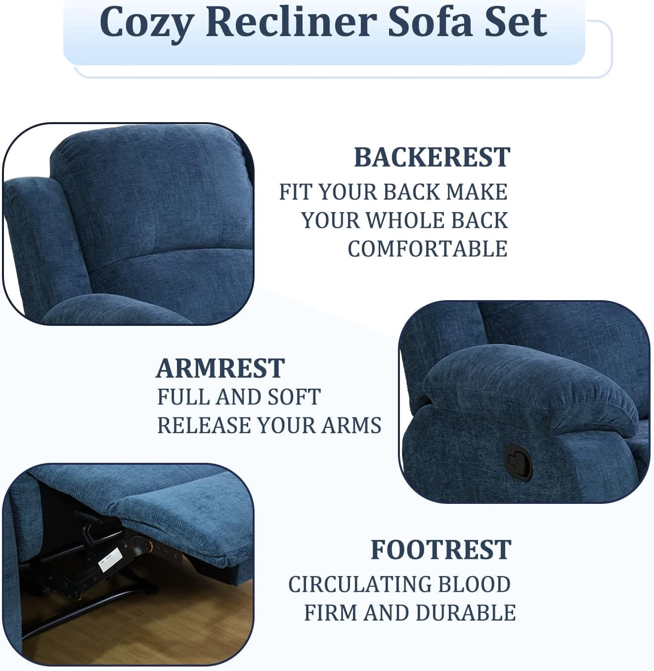 Recliner Sofa Set Living Room Furniture, Microfiber Fabric Reclining Sofa Set, Recliner Couch Set with Cup Holders for Office Home (3 Piece Living Room Furniture Set, Blue)