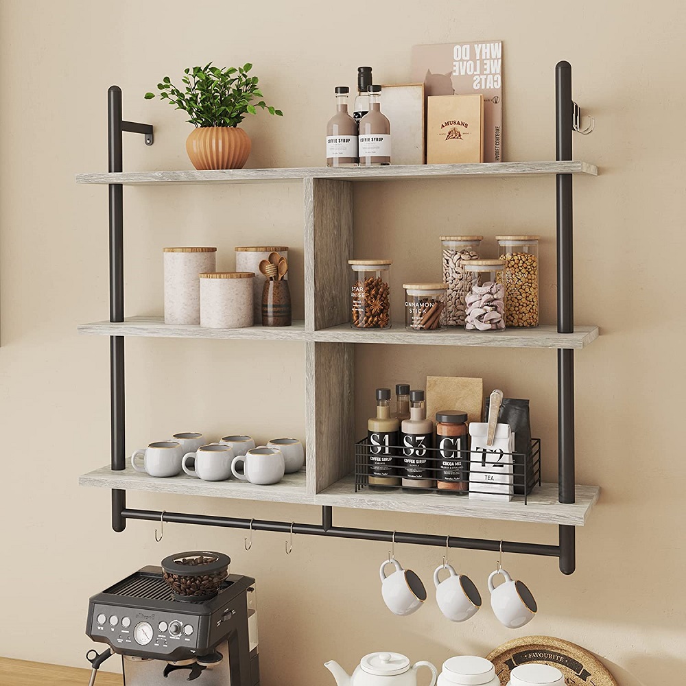 Étagère Murale Flottante Noire Pour Cuisine - Range Ustensiles Et épices, Installation Sans Perçage Ou Visée