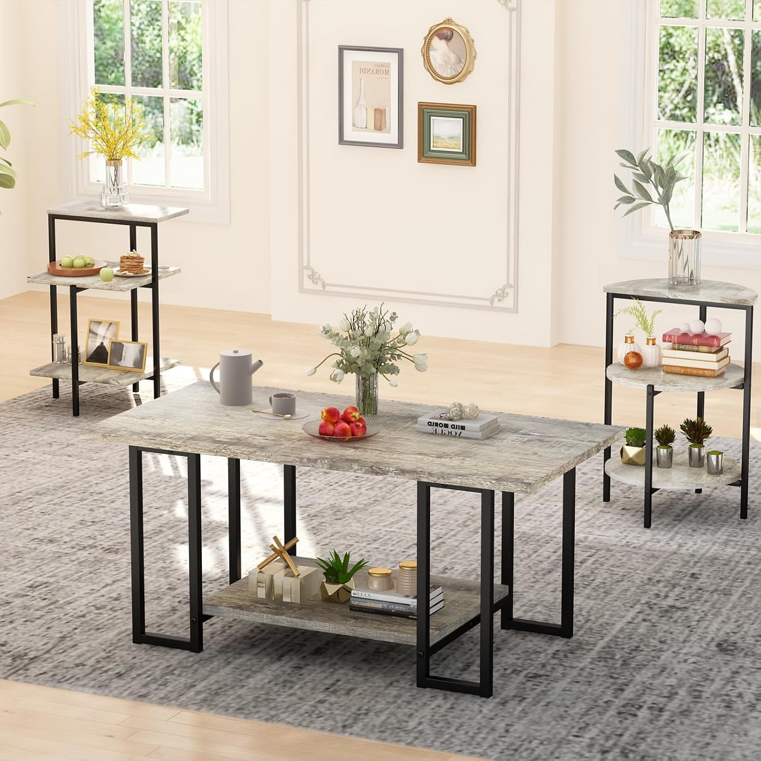 Cvortll Coffee Table Set of 3, Rectangle Faux Marble Tabletop & 2 Tiered Side Tables, Multi-Level Storage for Living Room（Gray & Black）