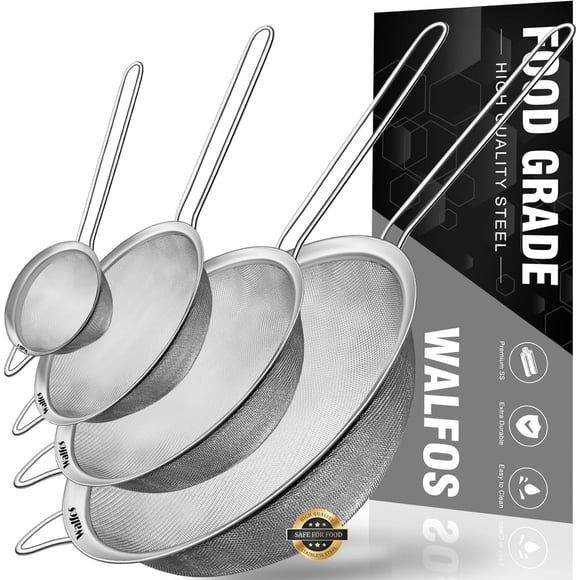 Walfos Ensemble de Passoires Fines de 4-9.5 Pouces, 7 Pouces, 4.7 Pouces, 2.8 Pouces, Tamis en Acier Inoxydable Polyvalent avec Poignée, Passoires Fines pour Cuisine
