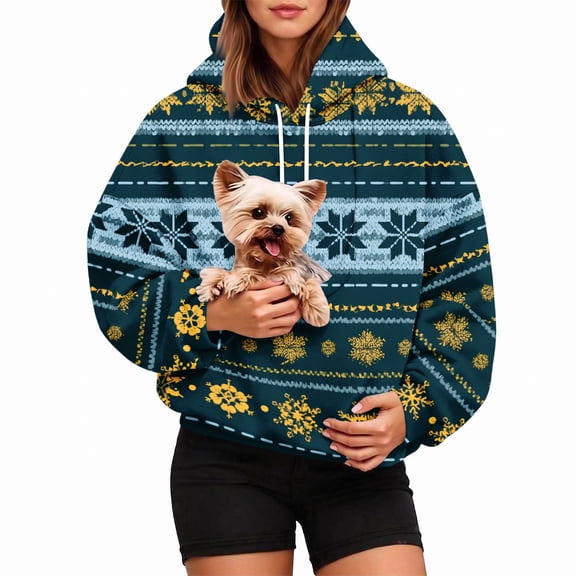 Pet Pouch Hoodie for Women, Snowflake Pullover Sweatshirt with Cuddle Pouch Dog Carrier Pocket