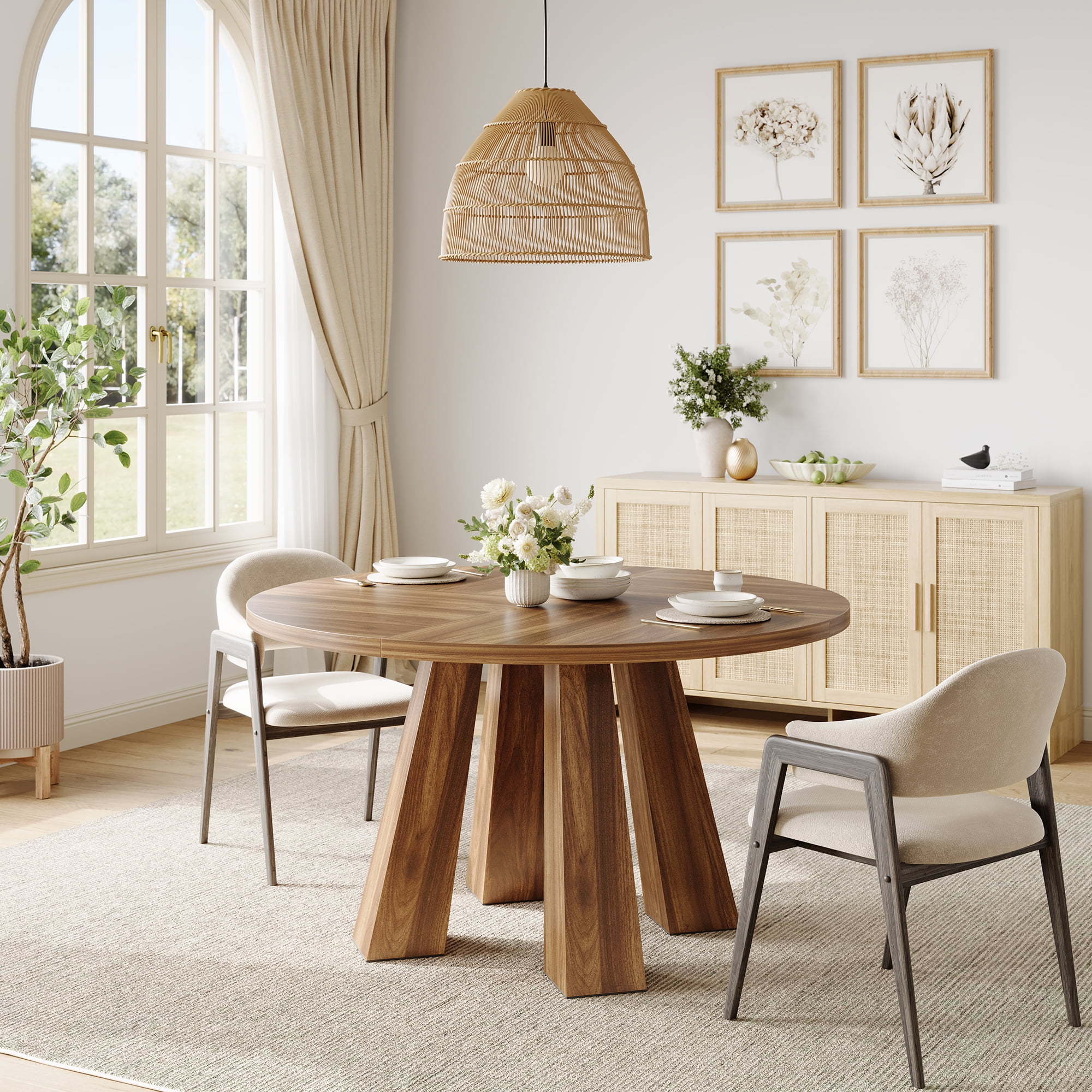 M optimized 47" Round Dining Table for 4-6, Wood Kitchen Table with 4 Strong Legs, Farmhouse Circle Dinner Table for Dining Room, Living Room