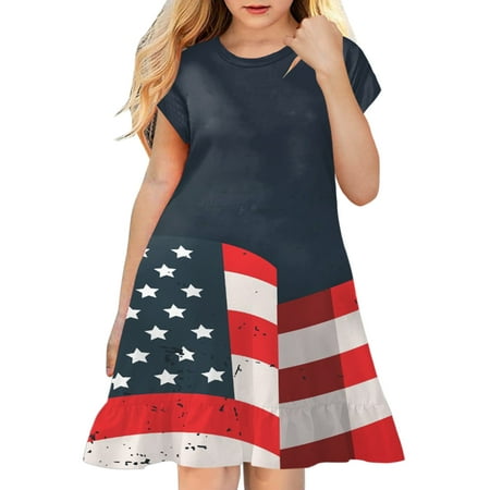 

KI-8jcuD Little Dresses for Girls Kids Toddler Baby Girls Spring Summer Print Ruffle Short Sleeve Active Fashion Daily Indoor Outdoor American Independence Day Dress for Kids Trim Fit Tights Girls F