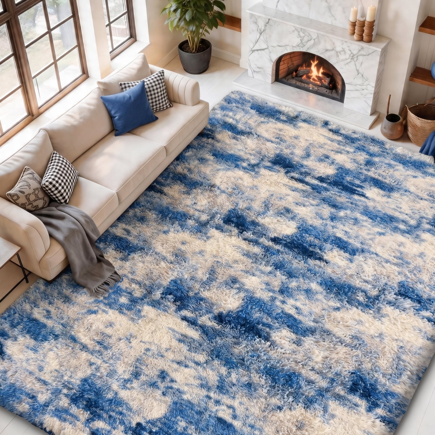 Pentantan 8ft x 10ft Shag Area Rug, Soft Fluffy Rugs for Living Room Bedroom, Modern Tie-dye Home Carpet, Blue