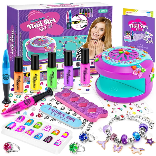 Set de esmaltes de uñas BATTOP Kids con secador, uñas postizas y pegatinas