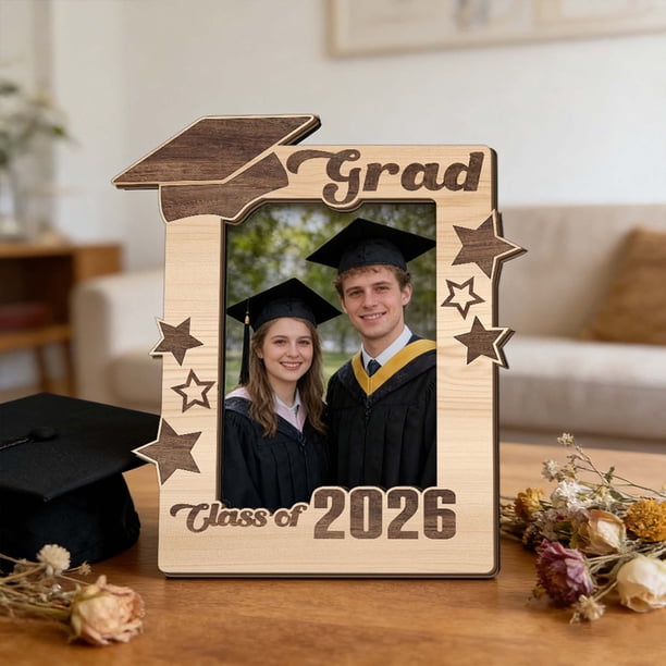 Marco de fotos de madera para la graduación de 2026: recuerdo artesanal en 2D para la promoción de 2026, expositor de madera natural para escritorio o pared, regalo temático de graduación par