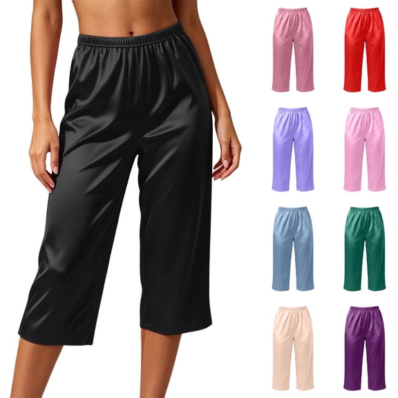 Asxite Plus Size Womens Pajamas Pants Casual Breathable Ice Silk Solid Loose Cropped Sleepwear