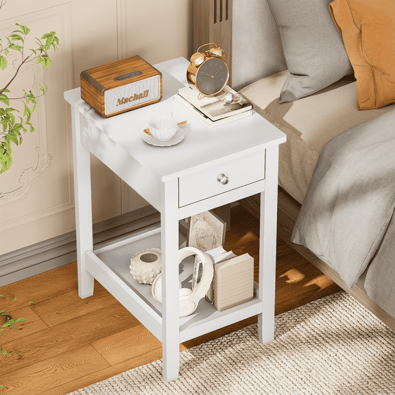 Side Table for Living Room, Small End Table with Drawer & Storage Shelve Black Narrow Nightstand Wooden Bedside Table for Small Spaces Bedroom and Office