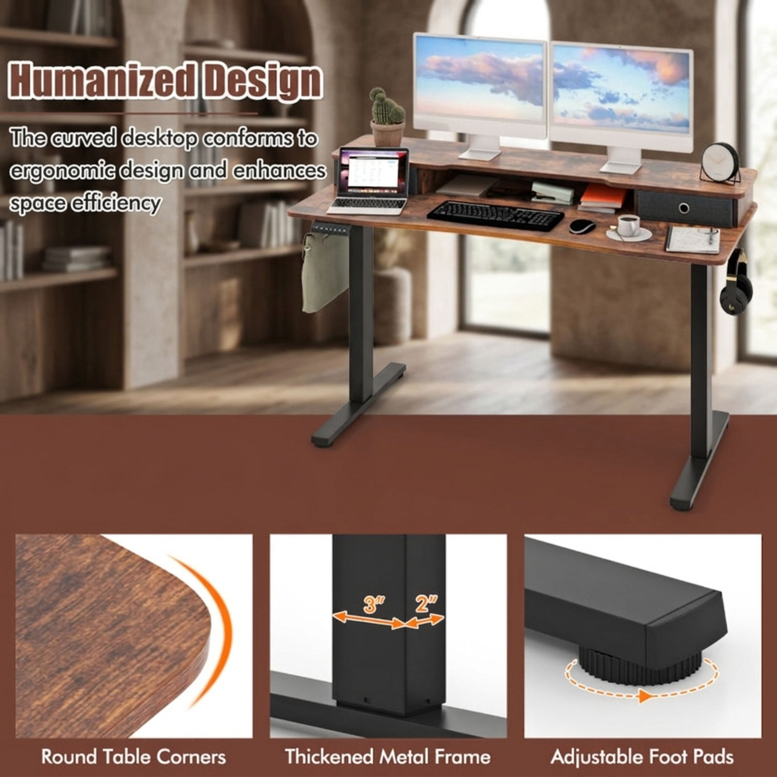 Furnibear 55 x 24 Inch Electric Height Adjustable Standing Desk with 2 Fabric Drawers Monitor Shelf and Cable Management for Home Office, Brown