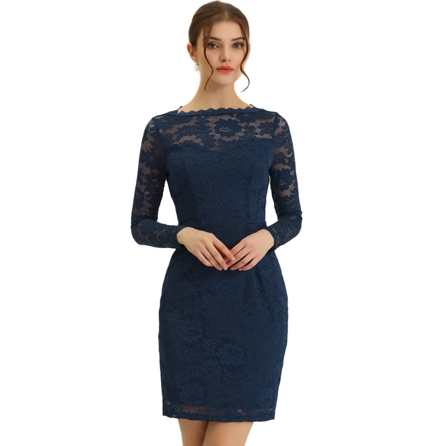 Vestido de mujer elegante con encaje floral y cuello barco Allegra K Azul Oscuro S