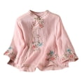 thumbnail image 3 of Embroidered Cotton Linen Tops Chinese Frog Button Tees Summer Linen Tops Chinese Frog Casual Blouses Summer Blouses For Women Gauze Shirts For Women Beach Vacation Tshirts Womens Summer Tops Pink4 L, 3 of 3