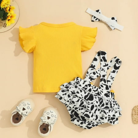 

NECHOLOGY Toddler Girls Ruffles Fly Sleeve Cartoon Dairy Cow Printed Ribbed T Shirt Tops Baby Girl Receiving Blanket And Headband Childrenscostume Yellow 18-24 Months