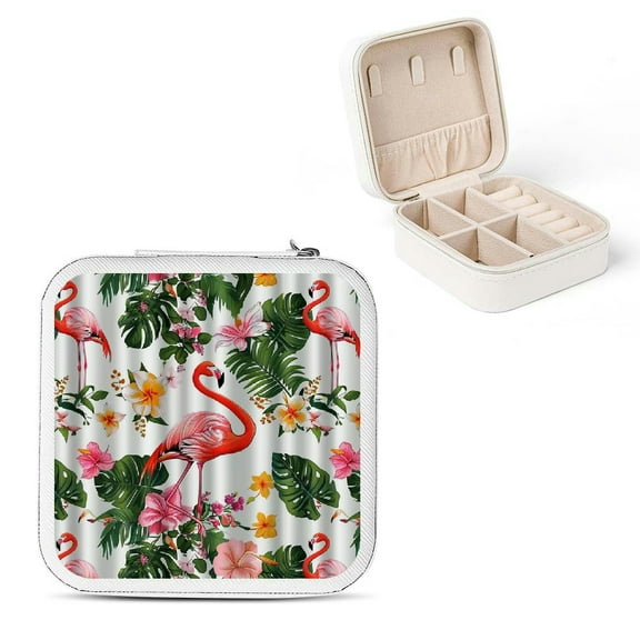 Autua Flamingo Flowers Leaves Jewelry Box Travel Case for Necklace Ring Earring White