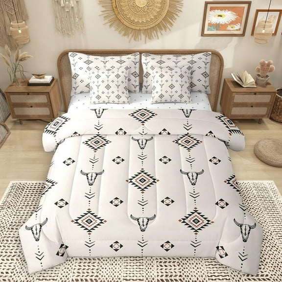 Homewish Vintage Aztec 7-Piece Twin Bedding Sets,Rustic Bull Skull Bedding Comforter Set,Country Farmhouse Lodge Sheet Sets For Boys Teens,Breathable Home Decor