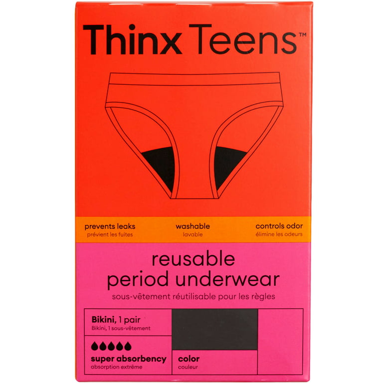 Thinx Teens Super Absorbency Cotton Bikini Period Underwear, Medium, Black  