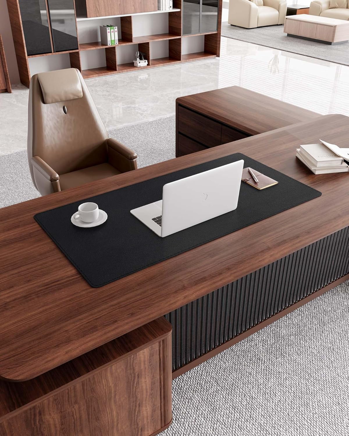 Genuine Leather Desk Mat, 35.4"X17" Leather Desk Mat, Office Desk Pad, Thick Desk Pad with Stitched Line, Non-Slip Laptop Writing Pad with Rubber Base(Black, 35.4"X17")