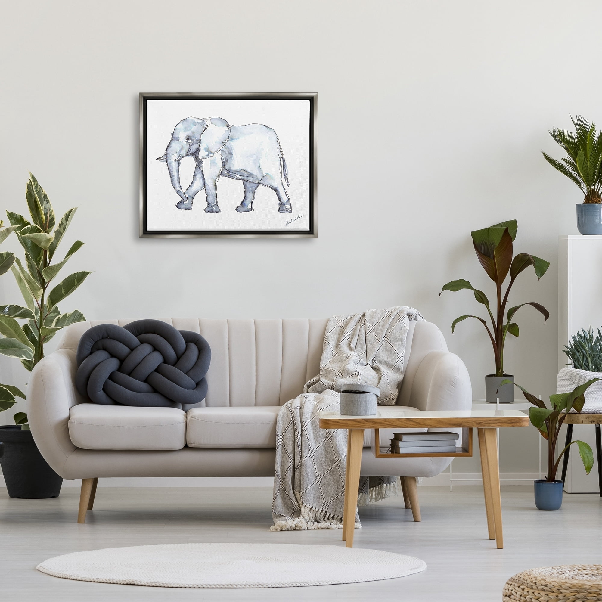 Stupell Industries Elephant Walking Casual Watercolor Sketch Style Painting Luster Gray Floating Framed Canvas Print Wall Art, Design by Kendra Shedenhelm