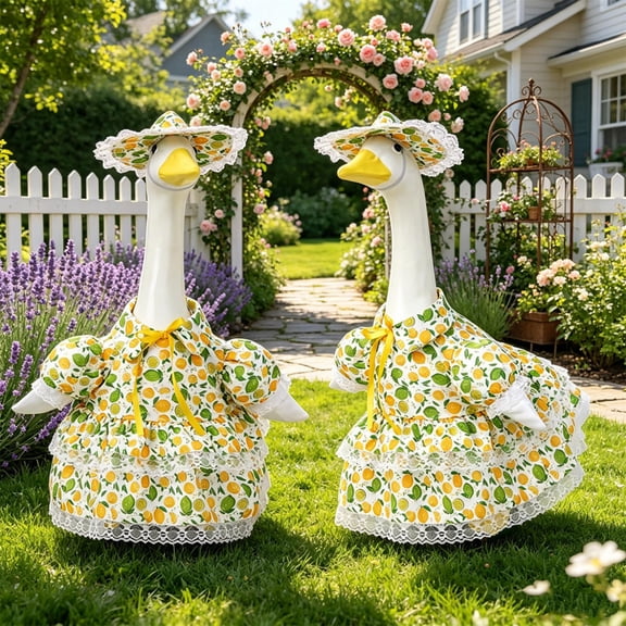 AuroraX Porch Goose Summer Outfit Lemon Lady Lace Dress Bonnet Porch Goose Clothes Set 23" 17 19 inch Holiday Porch Goose Accessories Fall Outside Stuff