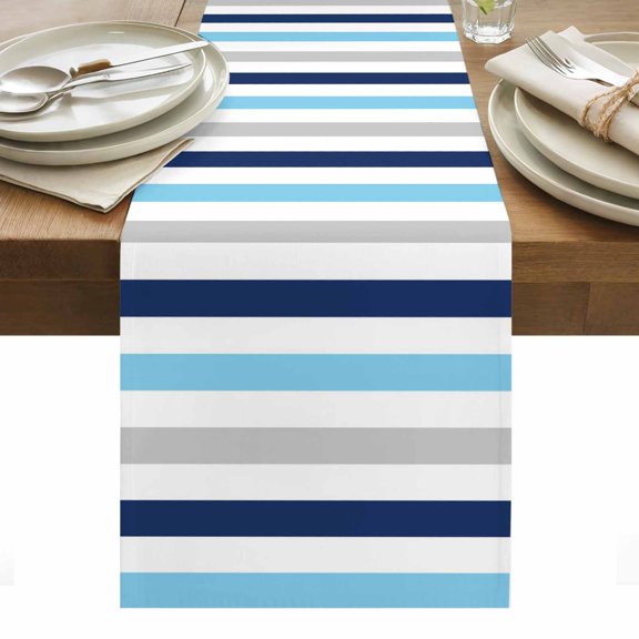 Blue Grey Striped Table Runner - 72 Inch Long, Kitchen Dining Table Runner Dresser Scarves, Farmhouse Stripes Simple Art Farmhouse Decor for Coffee Tables Wedding Party Banquet