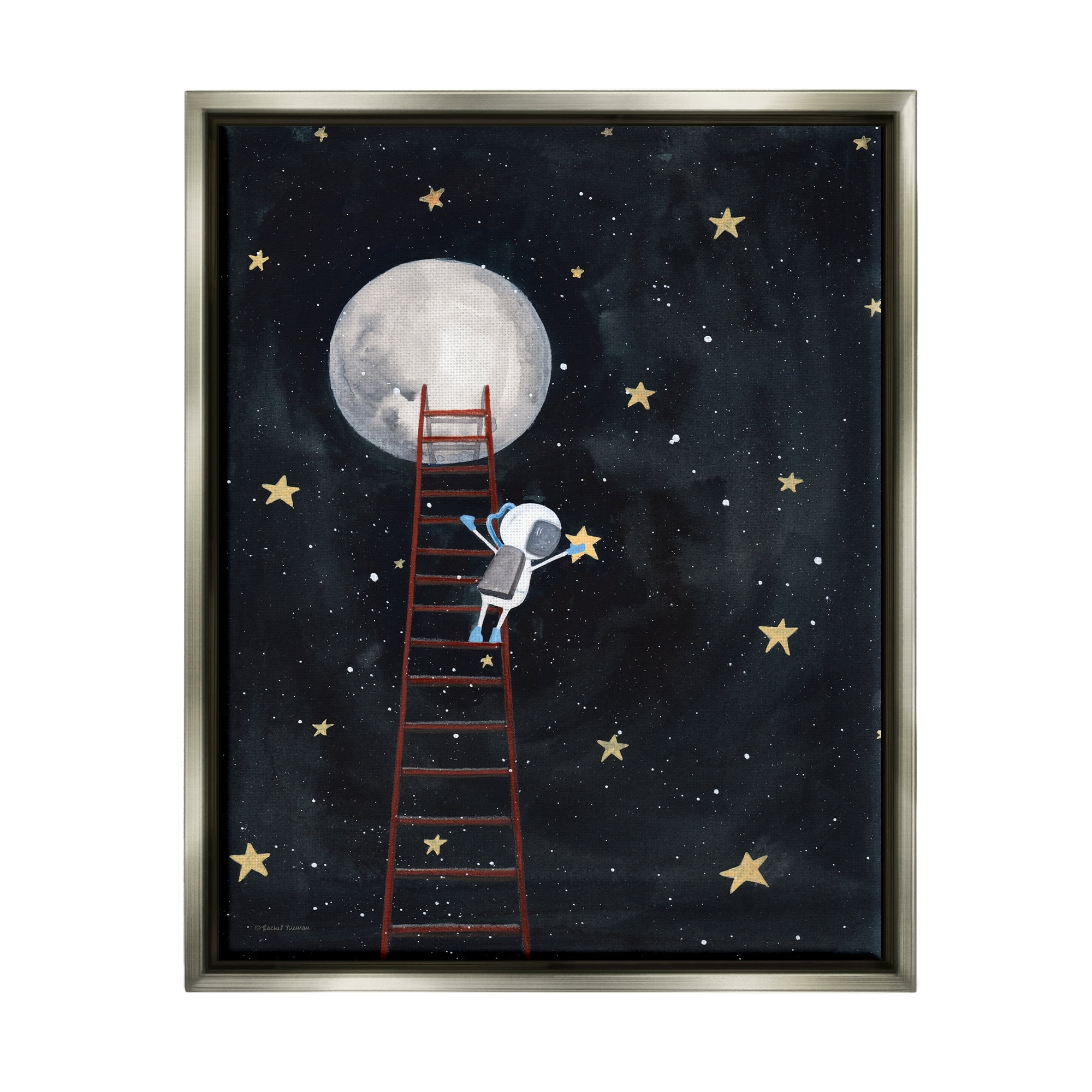 Stupell Industries Astronaut Hanging Stars Outer Space Ladder to Moon Luster Gray Framed Floating Canvas Wall Art, 24x30, by Rachel Nieman