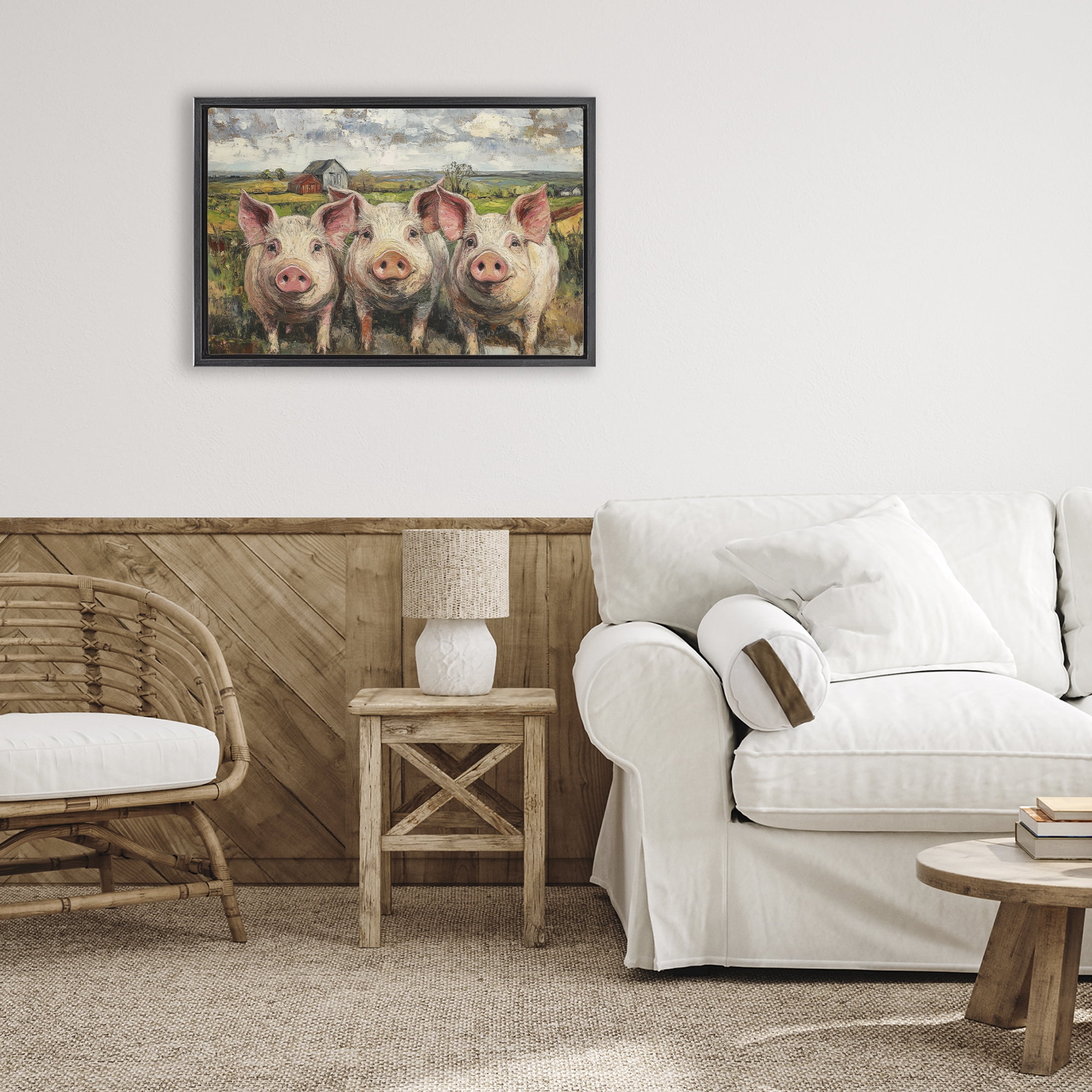 Stupell Industries Classic Barnyard Pigs in Countryside Black Framed Floater Canvas Wall Art, design by Petal Prints Design