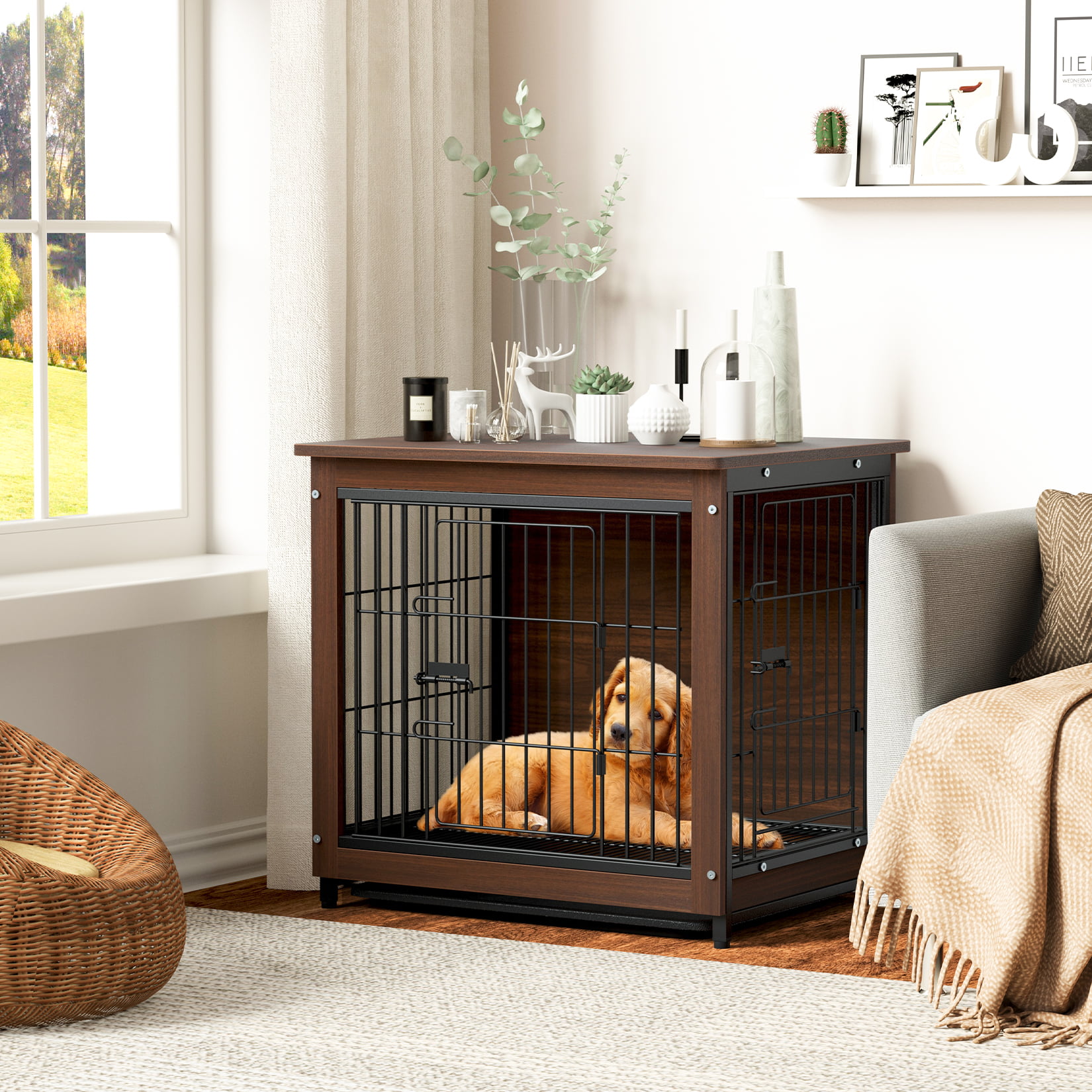 Double Doors Wire Dog Kennels Indoor ​Detachable Top Cover Pet Crate End Table 3 Size Pet Crate Table Cage for Small&Medium&Large Dogs 3 Colors Wooden Dog Crate Furniture with Slide Tray SIMPLY 