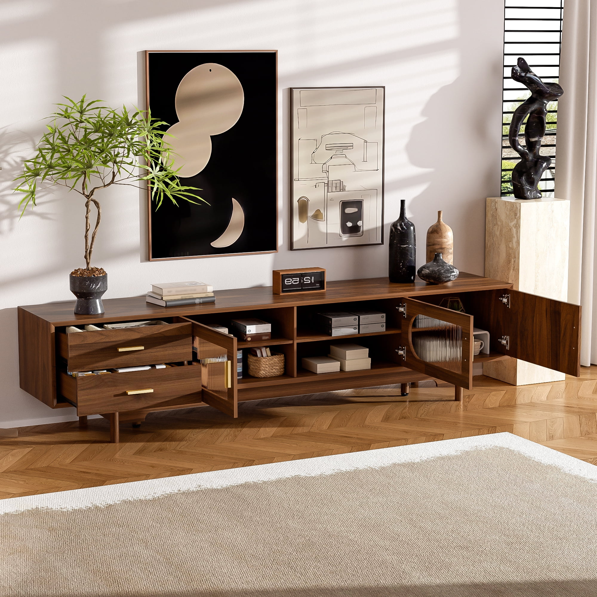 TV Stand for TVs up to 85 Inch, Entertainment Center with Fluted Glass Doors & 2 Drawers, Media Console with Solid Wood Legs for Living Room