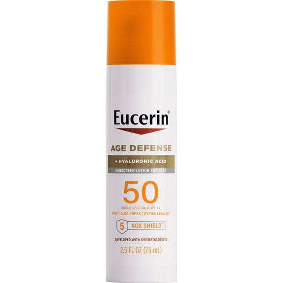Eucerin Sun Age Defense Face Sunscreen Lotion, Hyaluronic Acid, Non-Comedogenic, SPF 50, 2.5 fl oz
